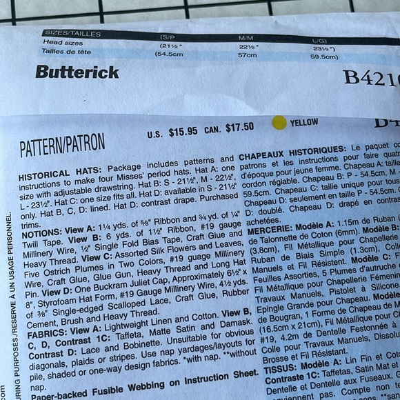 Butterick B4210 Making History pattern, historical/period hat patterns, c2008 - Picture 4 of 6